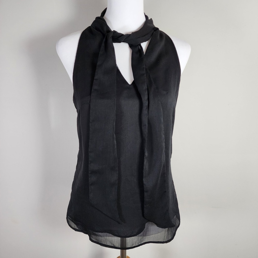 Costa Blanca Tie Neck Blouse Womens Small Black‎ Chiffon Sheer Lined Top Halter